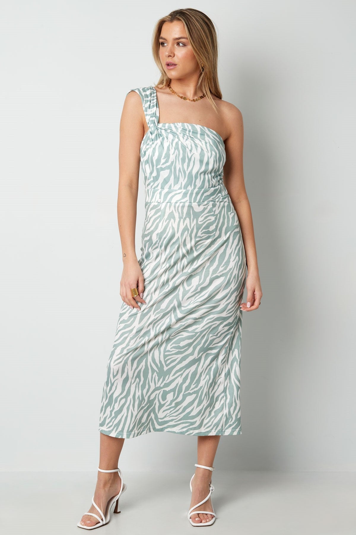 One shoulder zebra jurk