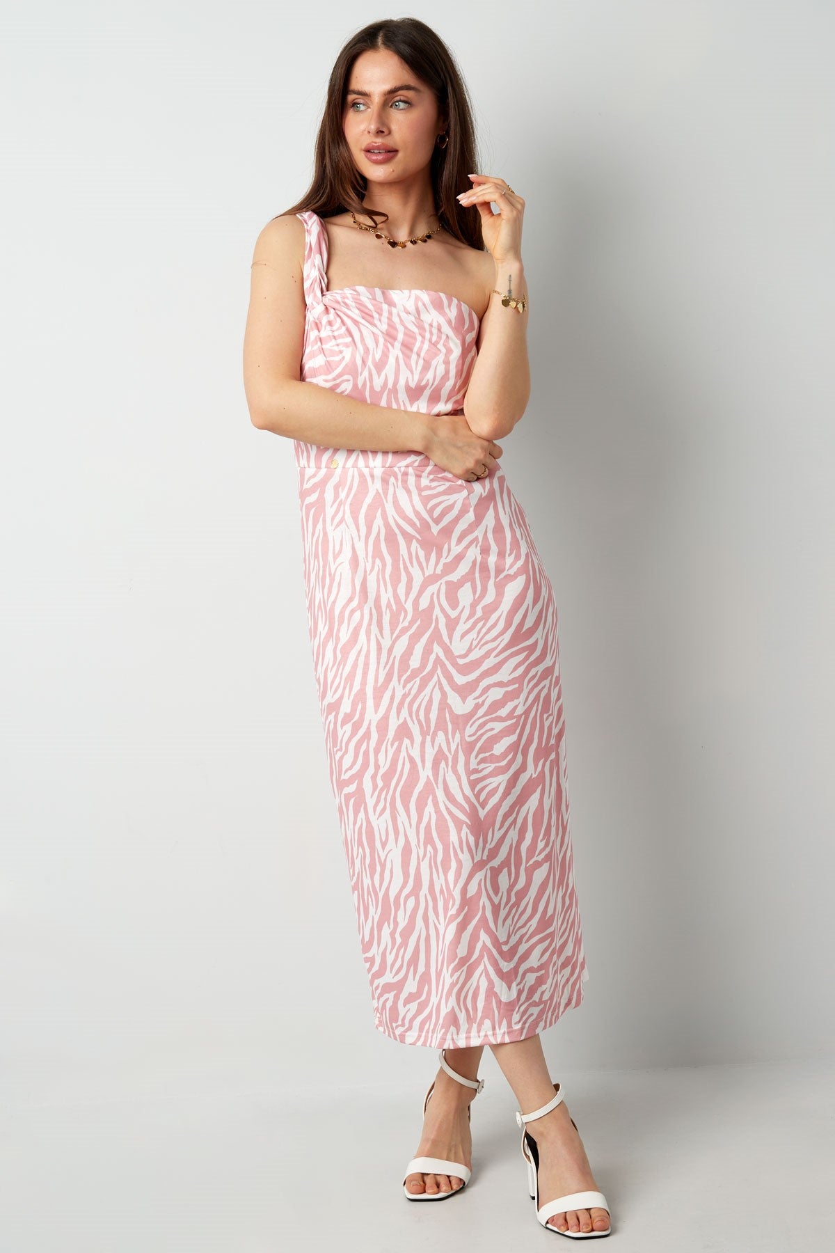 One shoulder zebra jurk