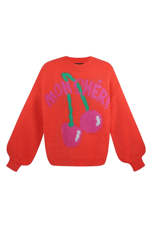 Mon Cheri Oversized Pullover – Kirsch-Print | Gestricktes Nylon | Rot, Gelb, Blau & Beige | S/M & L/XL