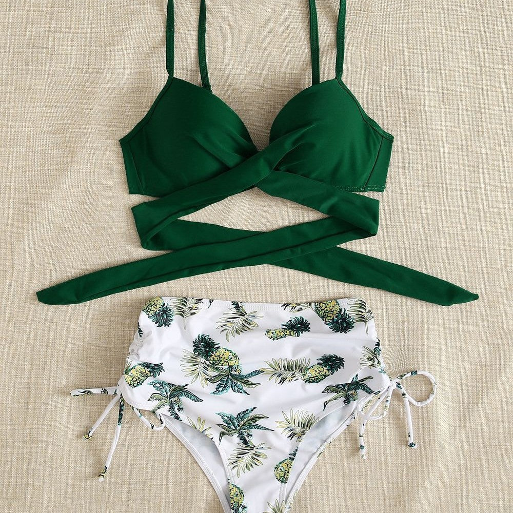 Grüner, transparenter Polyester-Bikini-Set mit Pflanzenprint