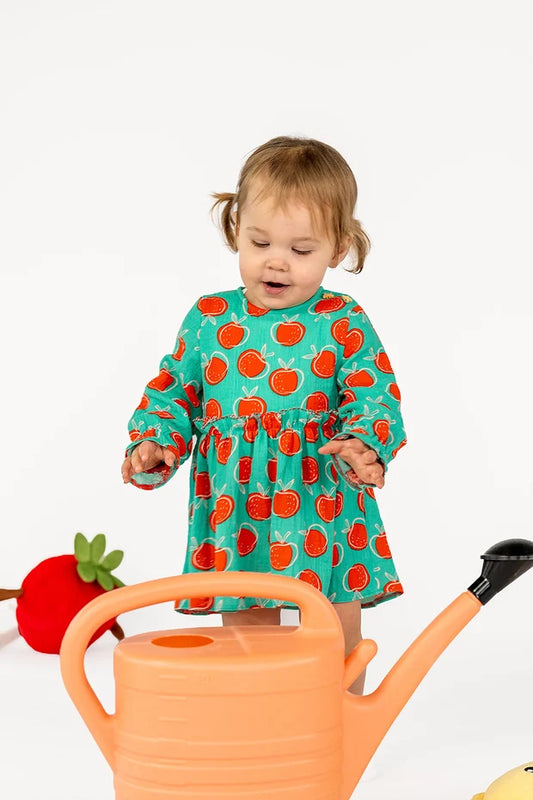 Katoenen Baby Jurk Meisjes | Appels Print | Donker mint