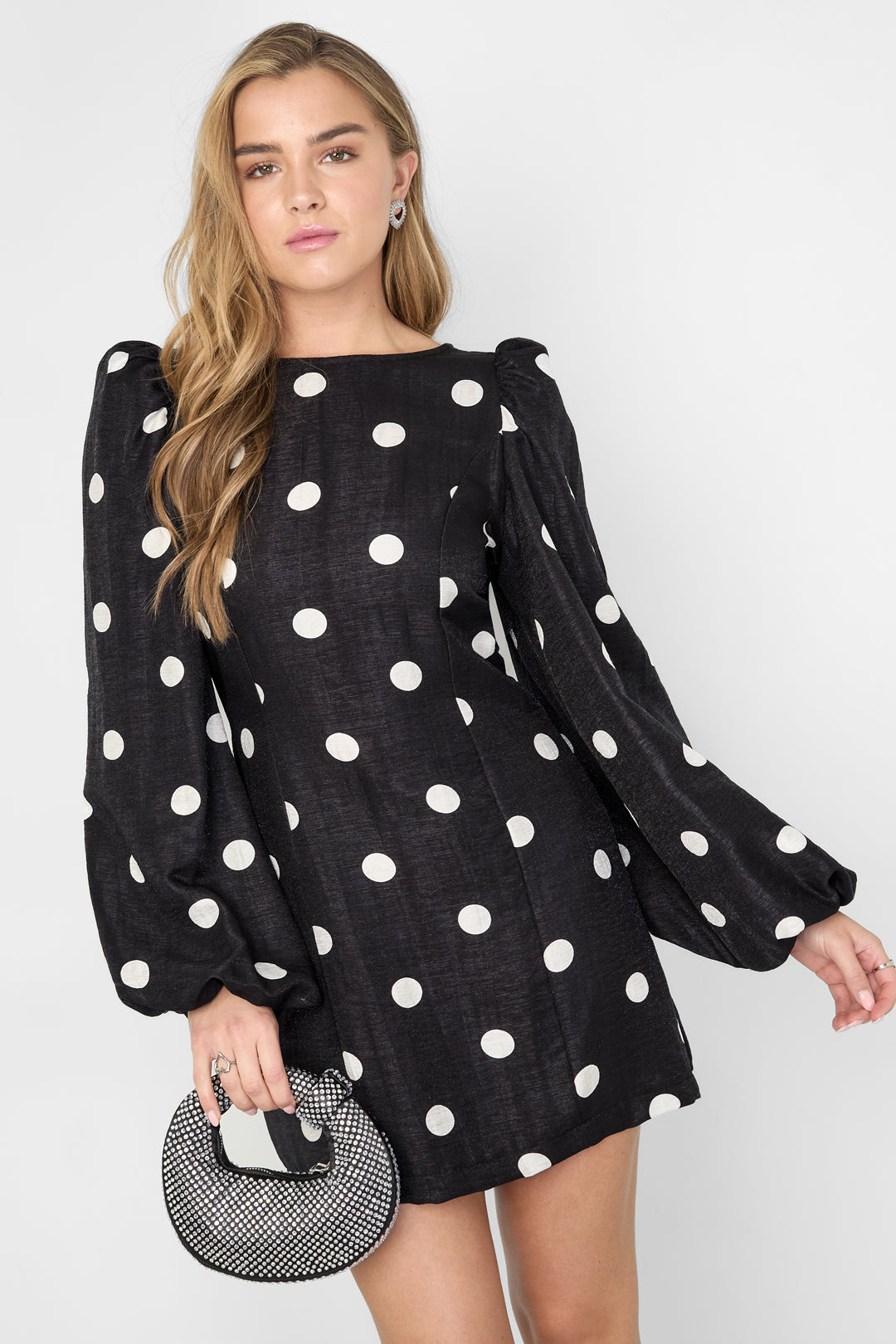 lena mini dress Lena Polkadot Mini Dress Ladies | Open Back & Puff Sleeves