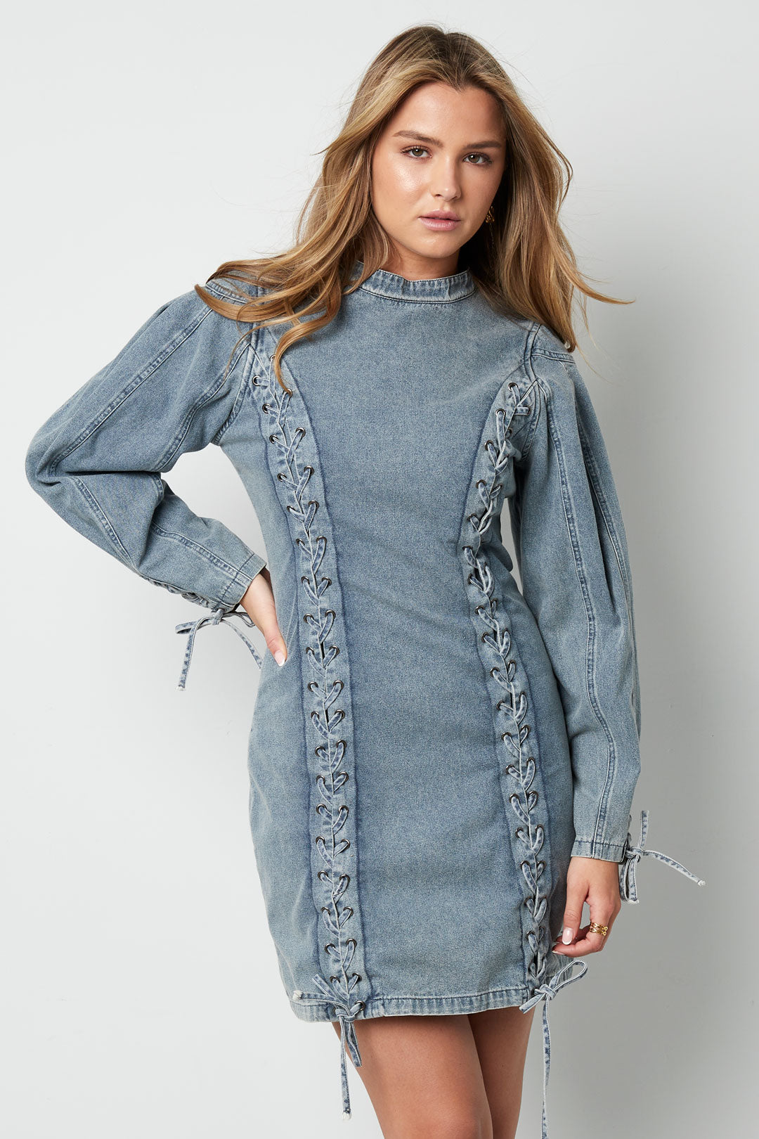 chinese dress ladies Wholesale Cotton Woven Solid Color Elegant Tie-Up Dress for Women Spring/Summer Blue Solid Color Elegant Tie-Up Spring/Summer Denim Dress