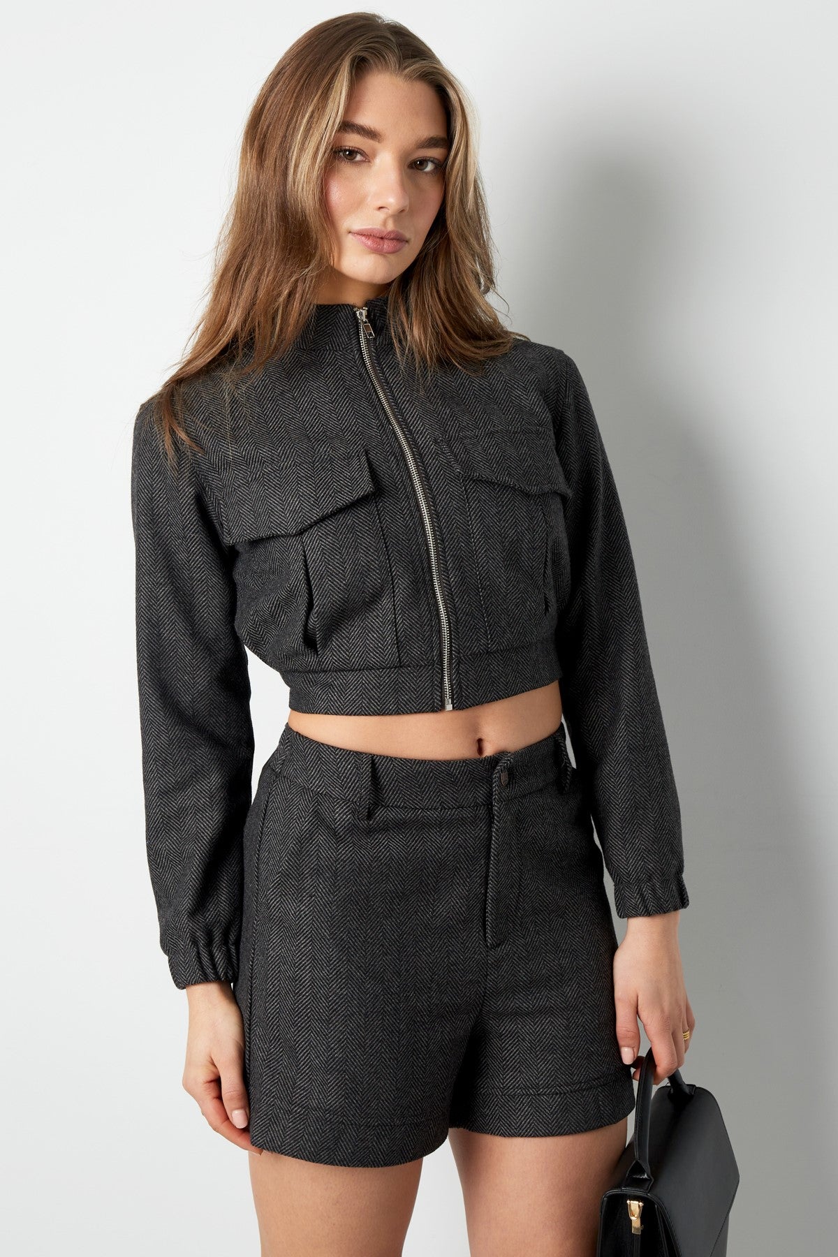 High-Waist Shorts Damen | Strukturierte Passform | Dunkelgrau & Beige