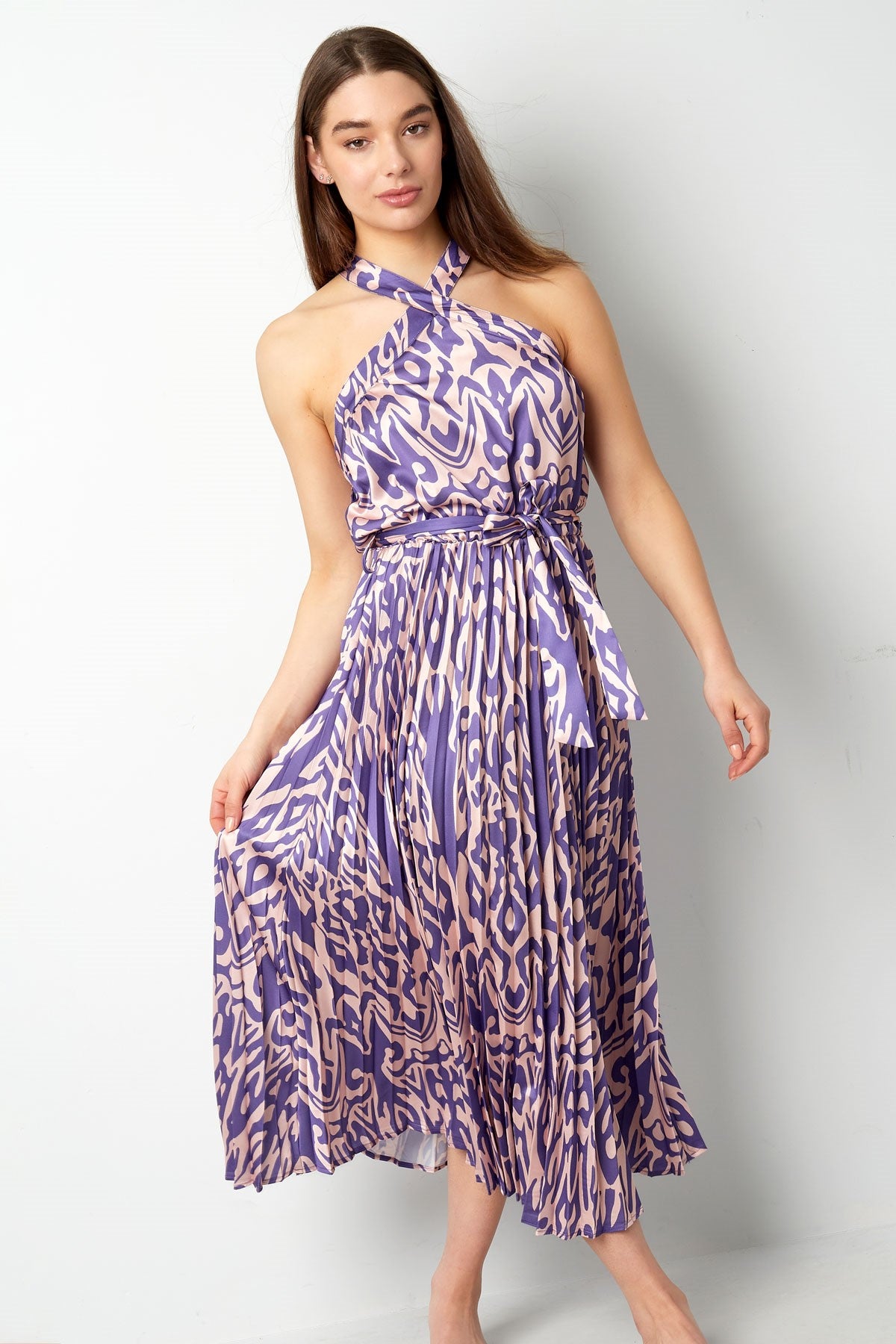 Maxi Jurk Dames Halterhals – Gedrukt Patroon | Paars & Fuchsia