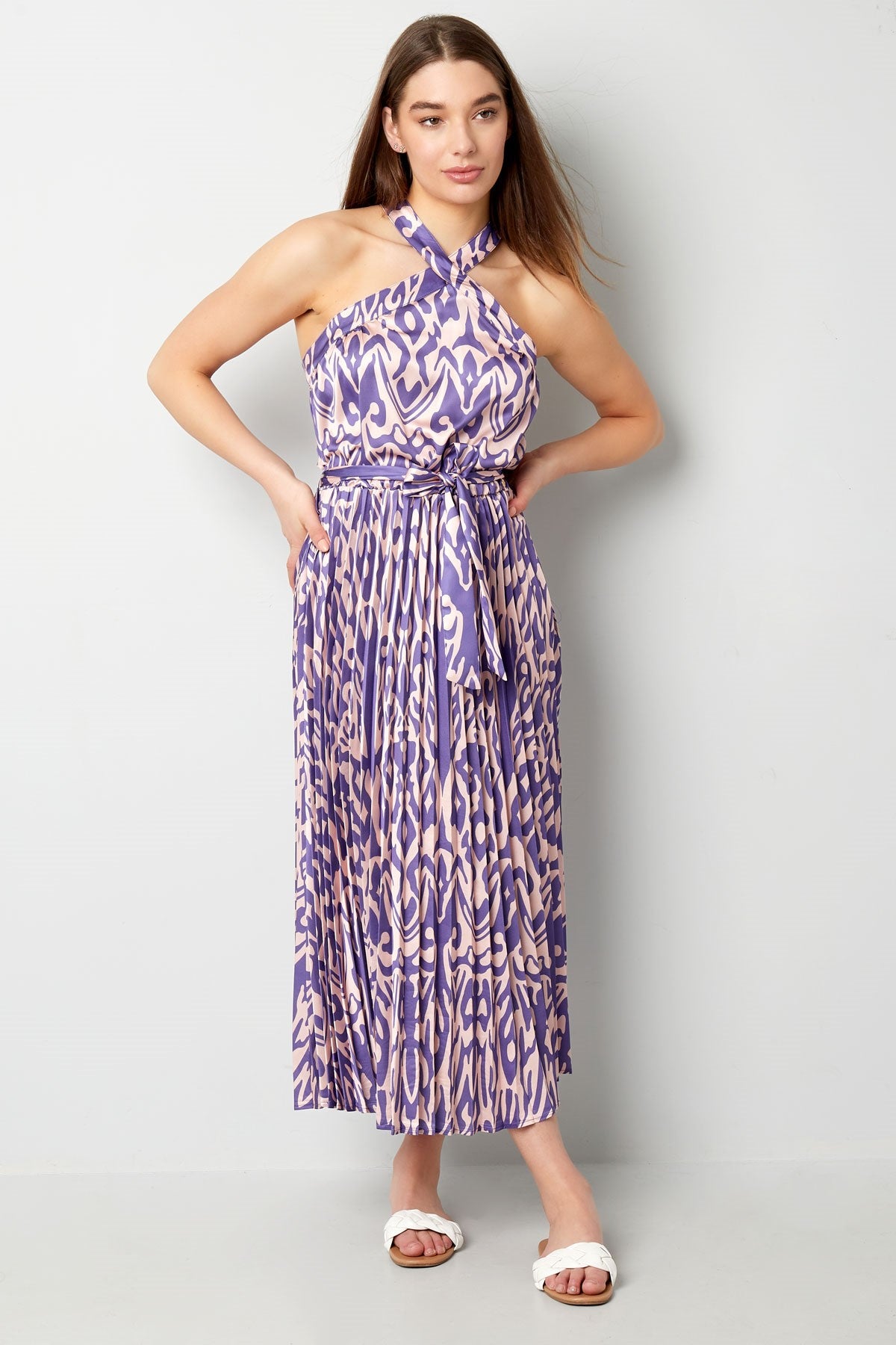 Maxi Jurk Dames Halterhals – Gedrukt Patroon | Paars & Fuchsia