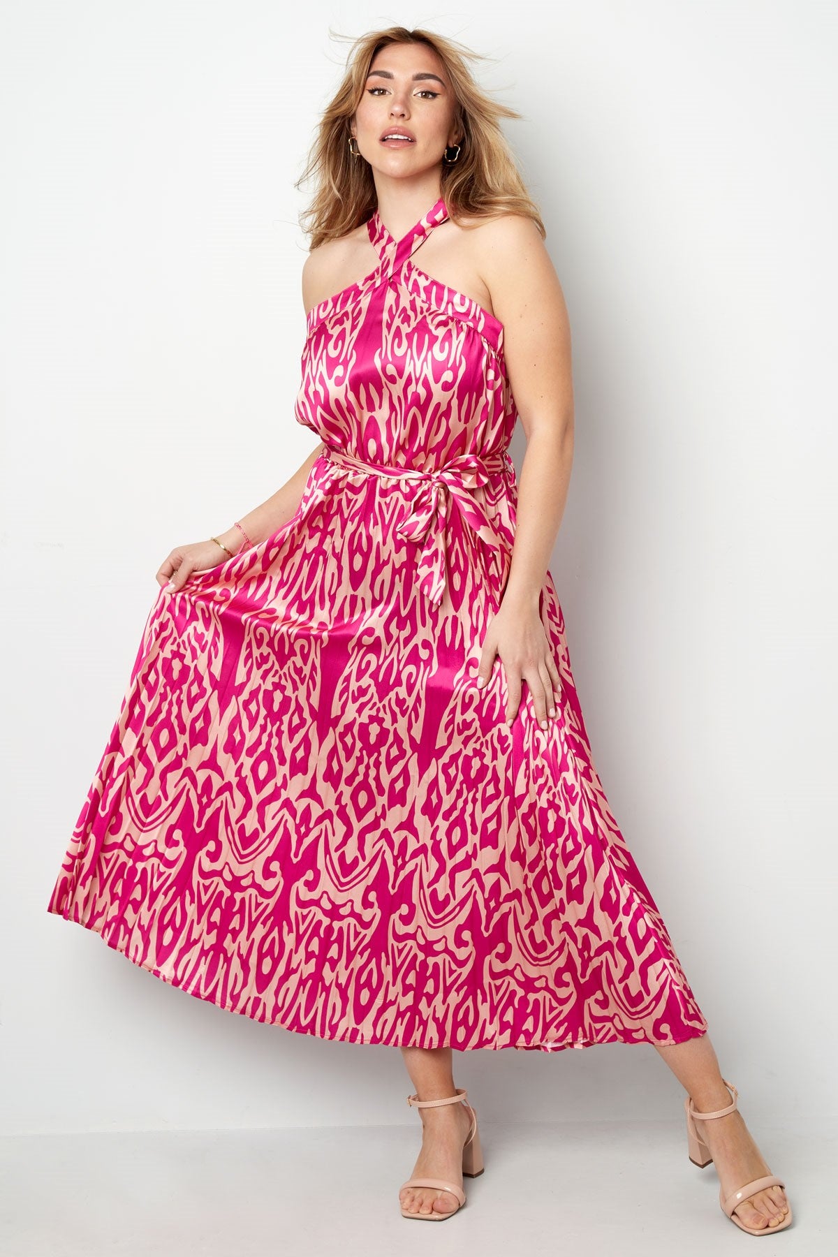 Maxi Jurk Dames Halterhals – Gedrukt Patroon | Paars & Fuchsia