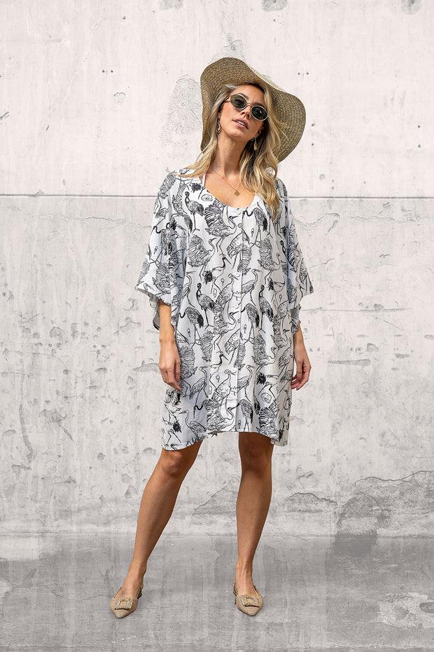 Women's Summer Dress Bird Print – Viscose Linen | White & Black
