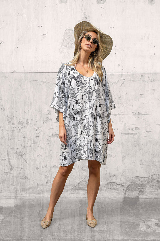 Women's Summer Dress Bird Print – Viscose Linen | White & Black