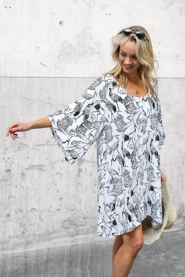 Women's Summer Dress Bird Print – Viscose Linen | White & Black