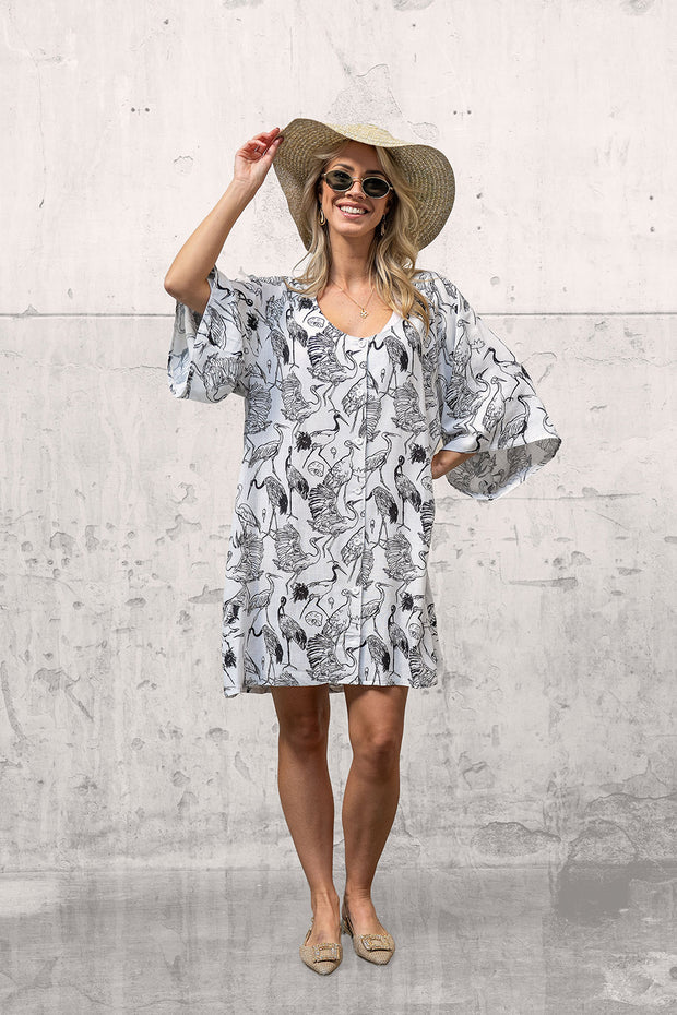 Women's Summer Dress Bird Print – Viscose Linen | White & Black