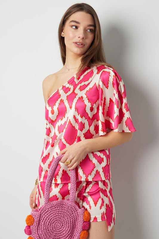 Polyester Women's One-Shoulder Short Sleeve Top Geometric Print Tropical Bliss