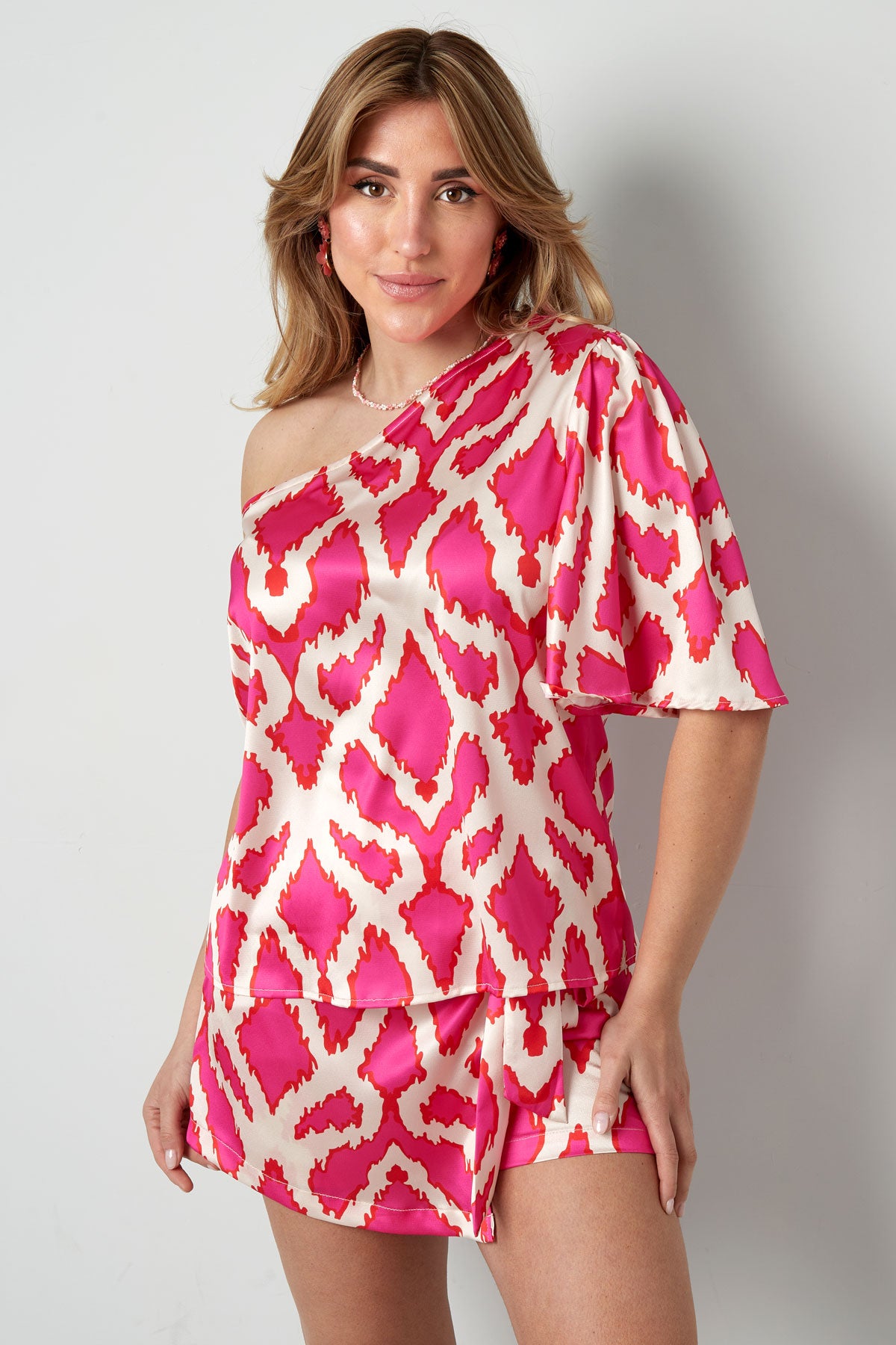 Polyester Damen Ein-Schulter Kurzarm-Top Geometrischer Druck Tropical Bliss