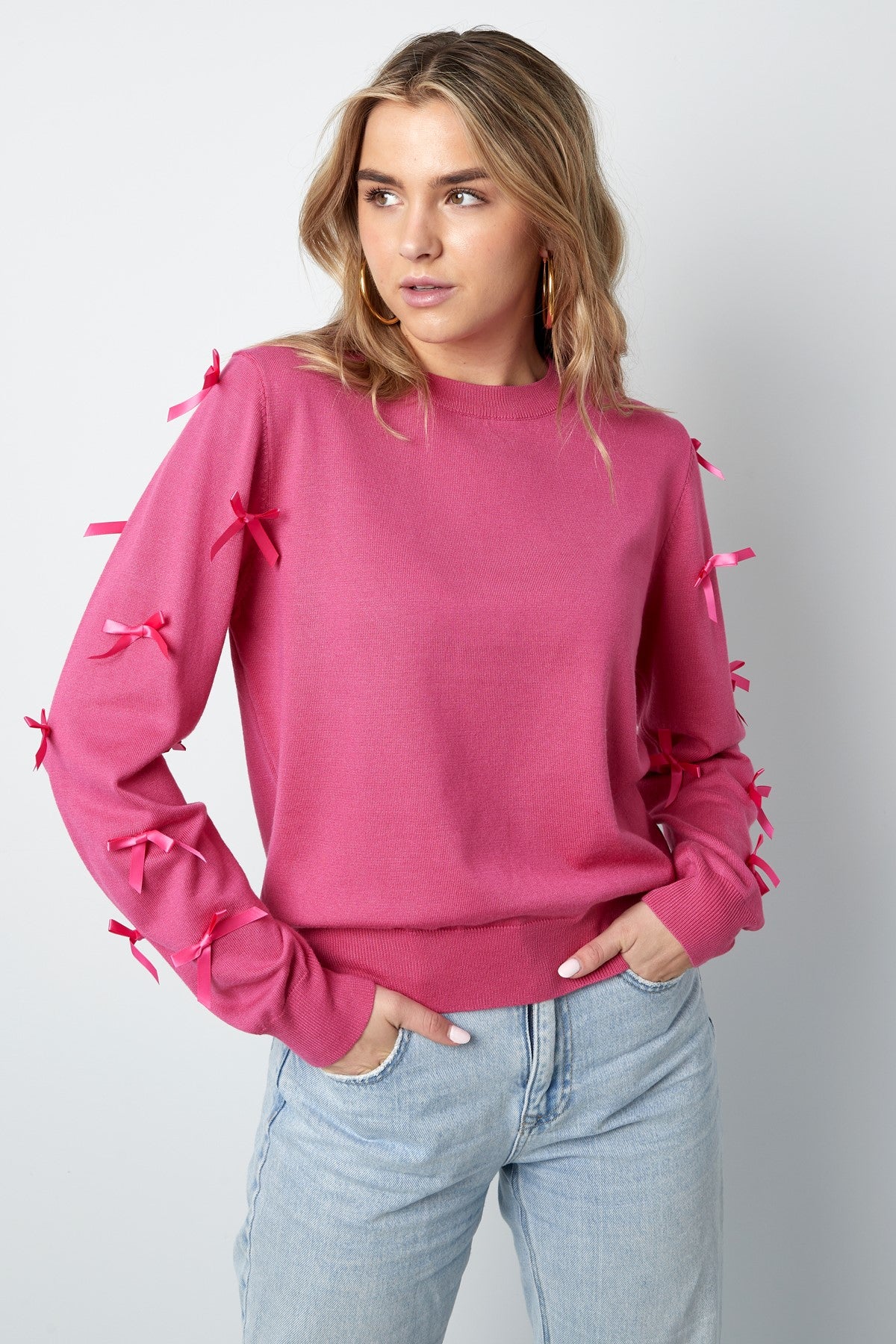 Viscose Top with Long Sleeves & Bows – Soft & Flowy | Fuchsia, Green, White & Black | S/M-L/XL