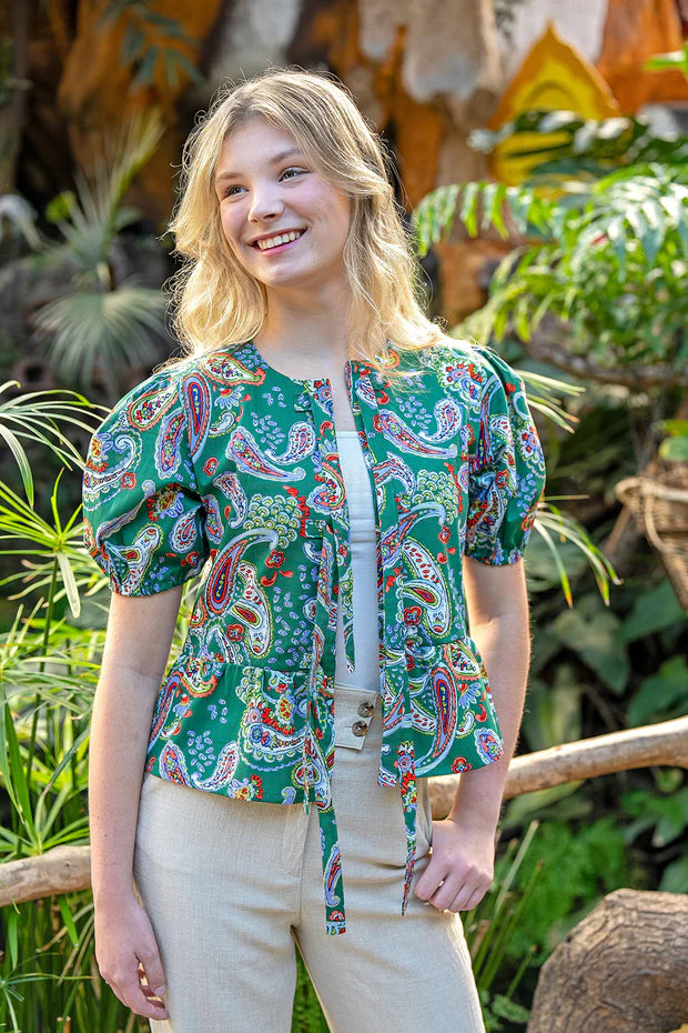 Gathered Women's Top Paisley | Puff Sleeves & Bows | Green, Coral & Cobalt