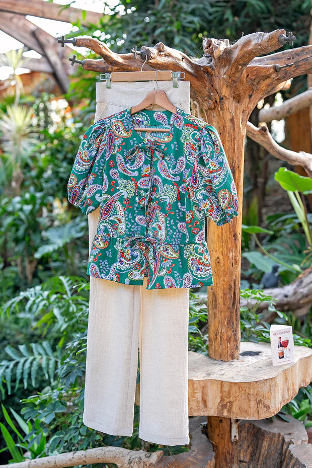 Gathered Women's Top Paisley | Puff Sleeves & Bows | Green, Coral & Cobalt