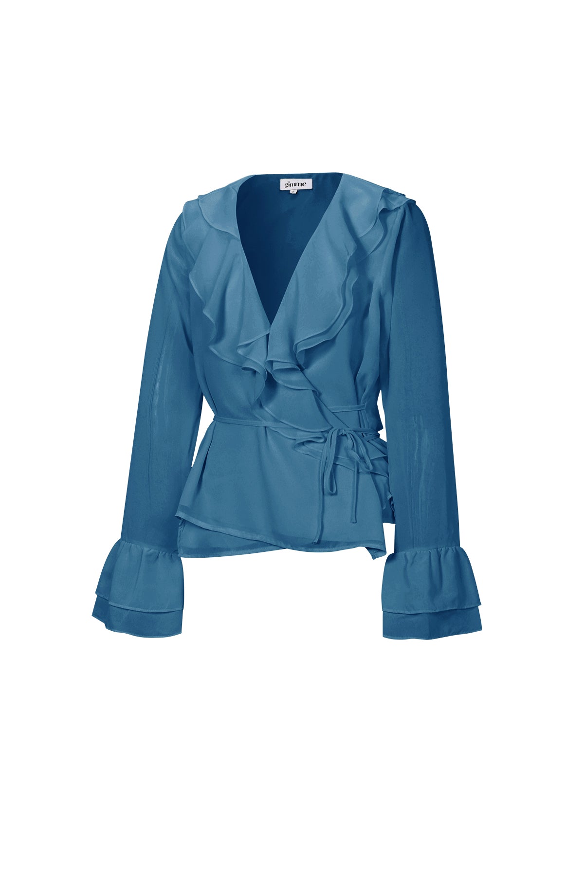 Langarmshirt mit Rüschen – Satin-Wickelbluse