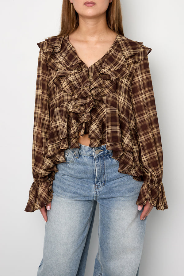 Plaid women's blouse with ruffles and V-neck