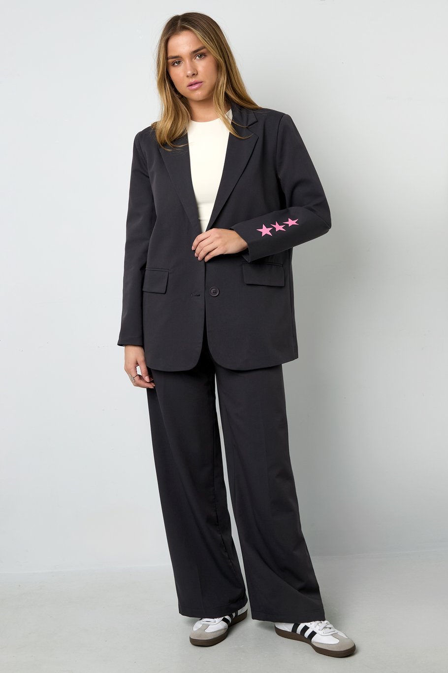 Smile Blazer met Smiley Print | Gevoerd | Grijs & Marineblauw | Maten S, M & L