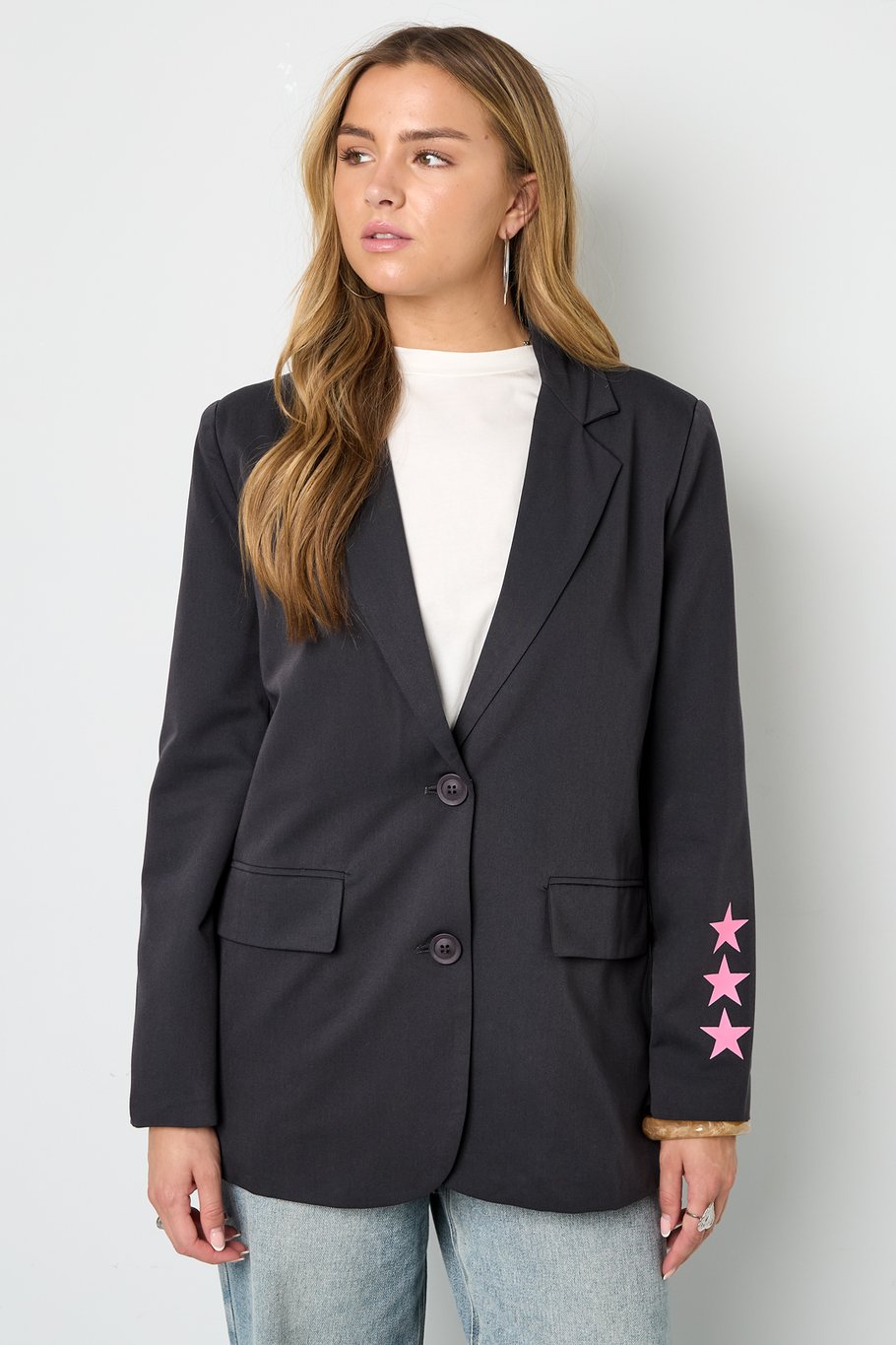 Smile Blazer met Smiley Print | Gevoerd | Grijs & Marineblauw | Maten S, M & L