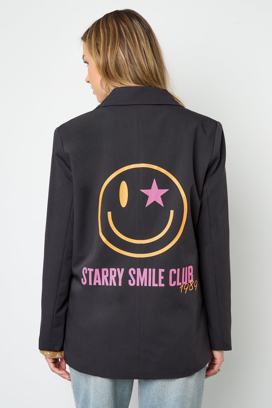 Smile Blazer met Smiley Print | Gevoerd | Grijs & Marineblauw | Maten S, M & L