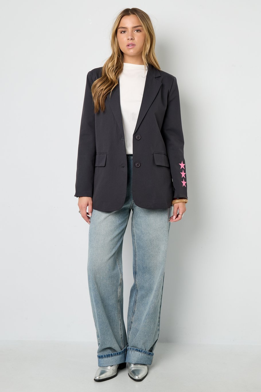 Smile Blazer met Smiley Print | Gevoerd | Grijs & Marineblauw | Maten S, M & L