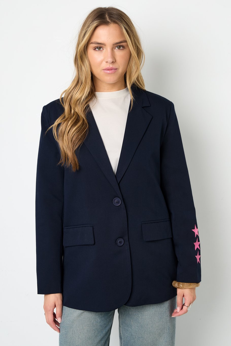 Smile Blazer met Smiley Print | Gevoerd | Grijs & Marineblauw | Maten S, M & L