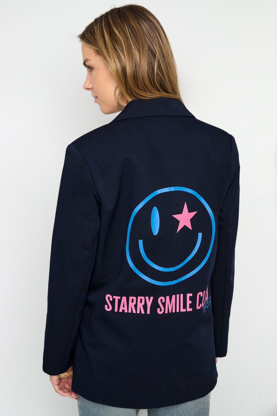 Smile Blazer met Smiley Print | Gevoerd | Grijs & Marineblauw | Maten S, M & L