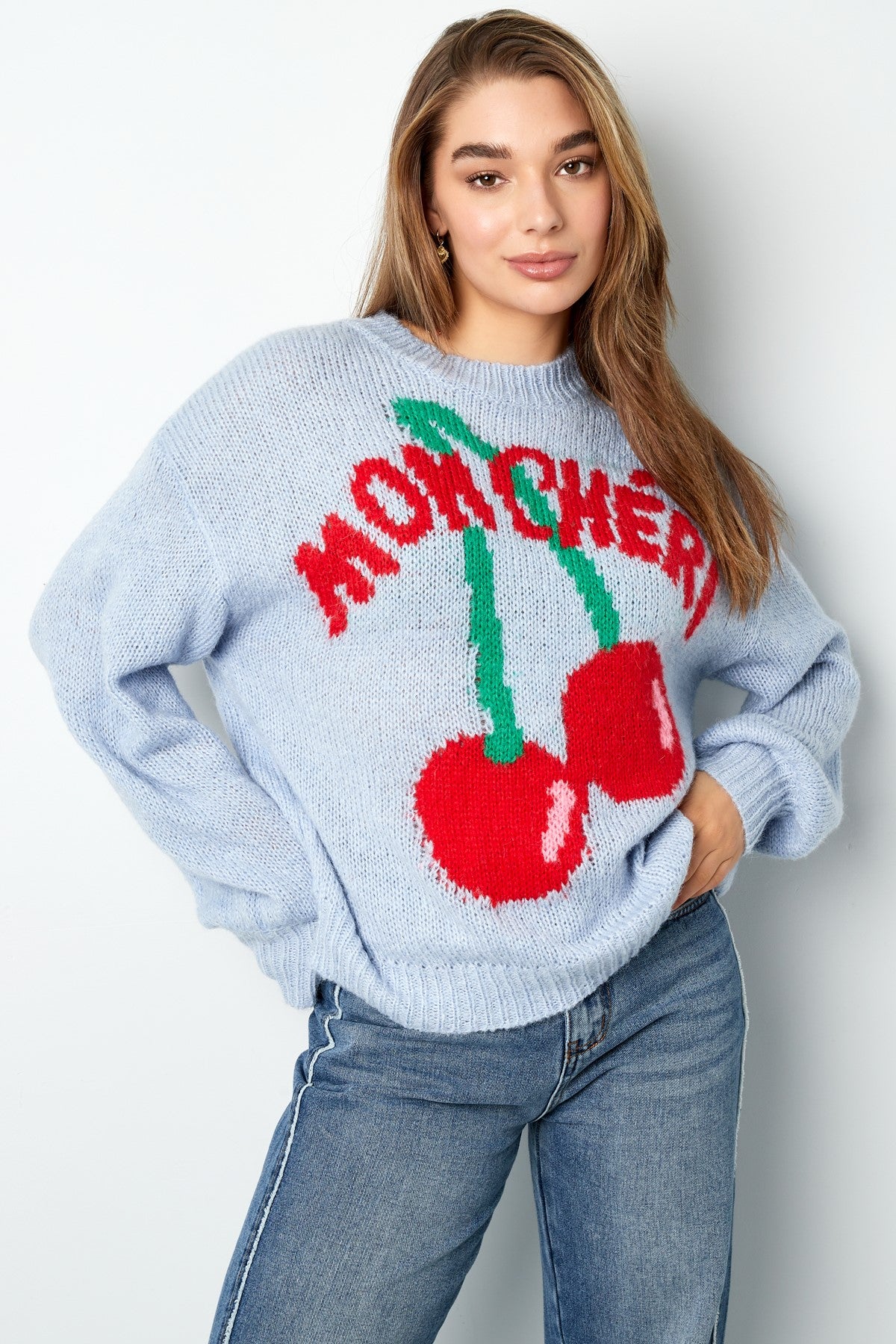 Mon Cheri Oversized Trui – Kersprint | Gebreid Nylon | Rood, Geel, Blauw & Beige | S/M & L/XL