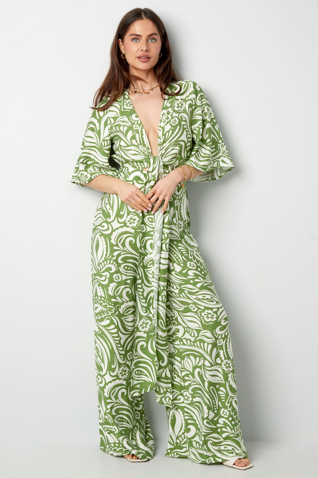Jumpsuit with Geometric Print | Wide Sleeves & Legs | Green, Black & Beige