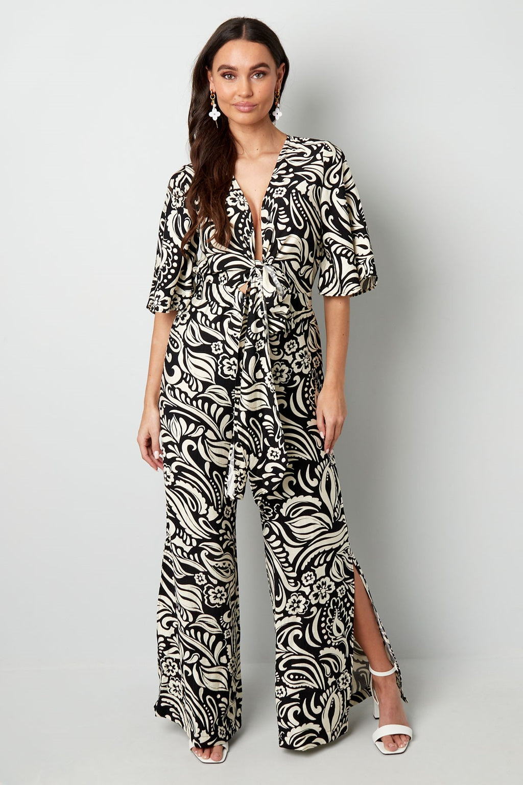 Jumpsuit with Geometric Print | Wide Sleeves & Legs | Green, Black & Beige