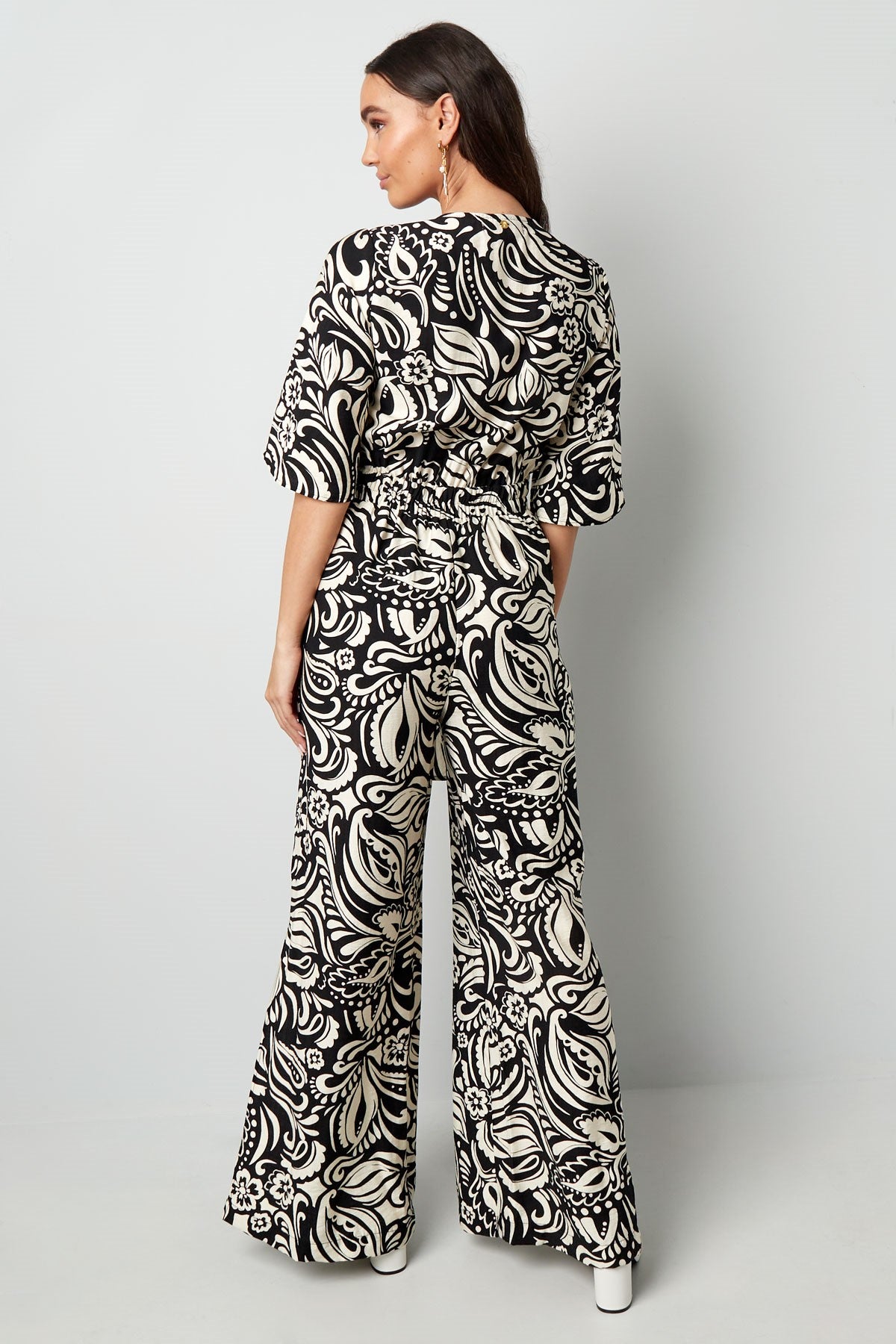 Jumpsuit with Geometric Print | Wide Sleeves & Legs | Green, Black & Beige