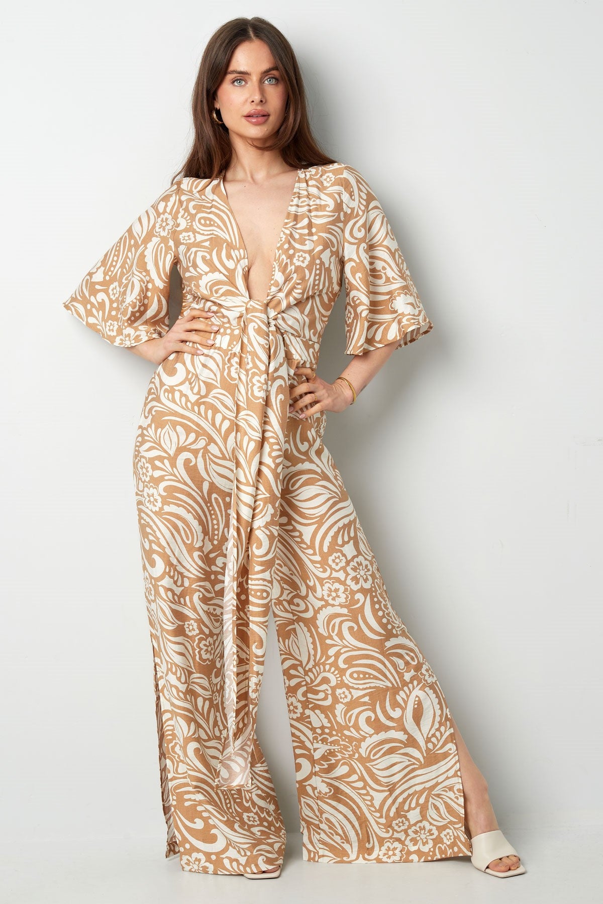 Jumpsuit met Geometrische Print | Wijde Mouwen & Pijpen | Groen, Zwart & Beige