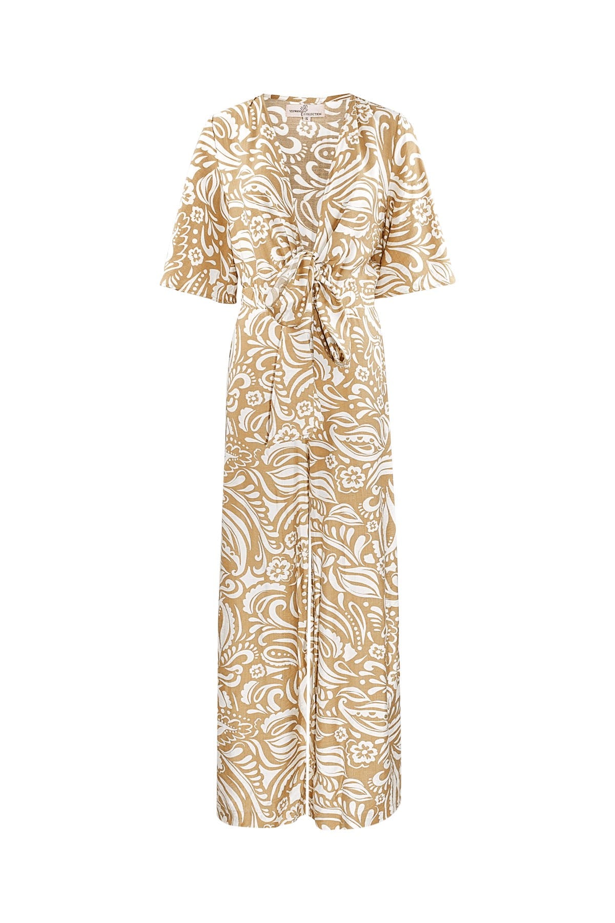 Jumpsuit met Geometrische Print | Wijde Mouwen & Pijpen | Groen, Zwart & Beige