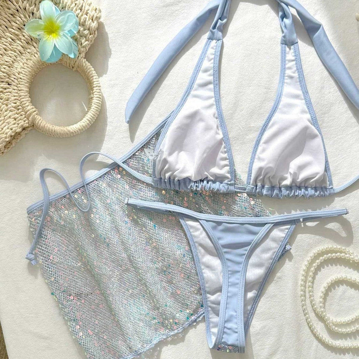 Sexy Bikini-Set mit Bändern & Pailletten | 3-teiliges Strandset