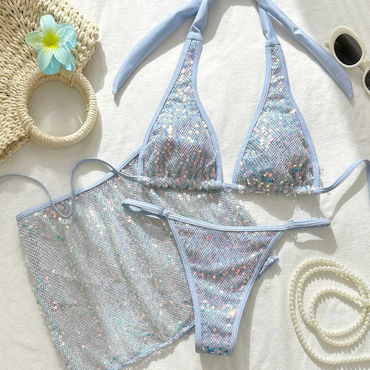 Sexy Bikini-Set mit Bändern & Pailletten | 3-teiliges Strandset