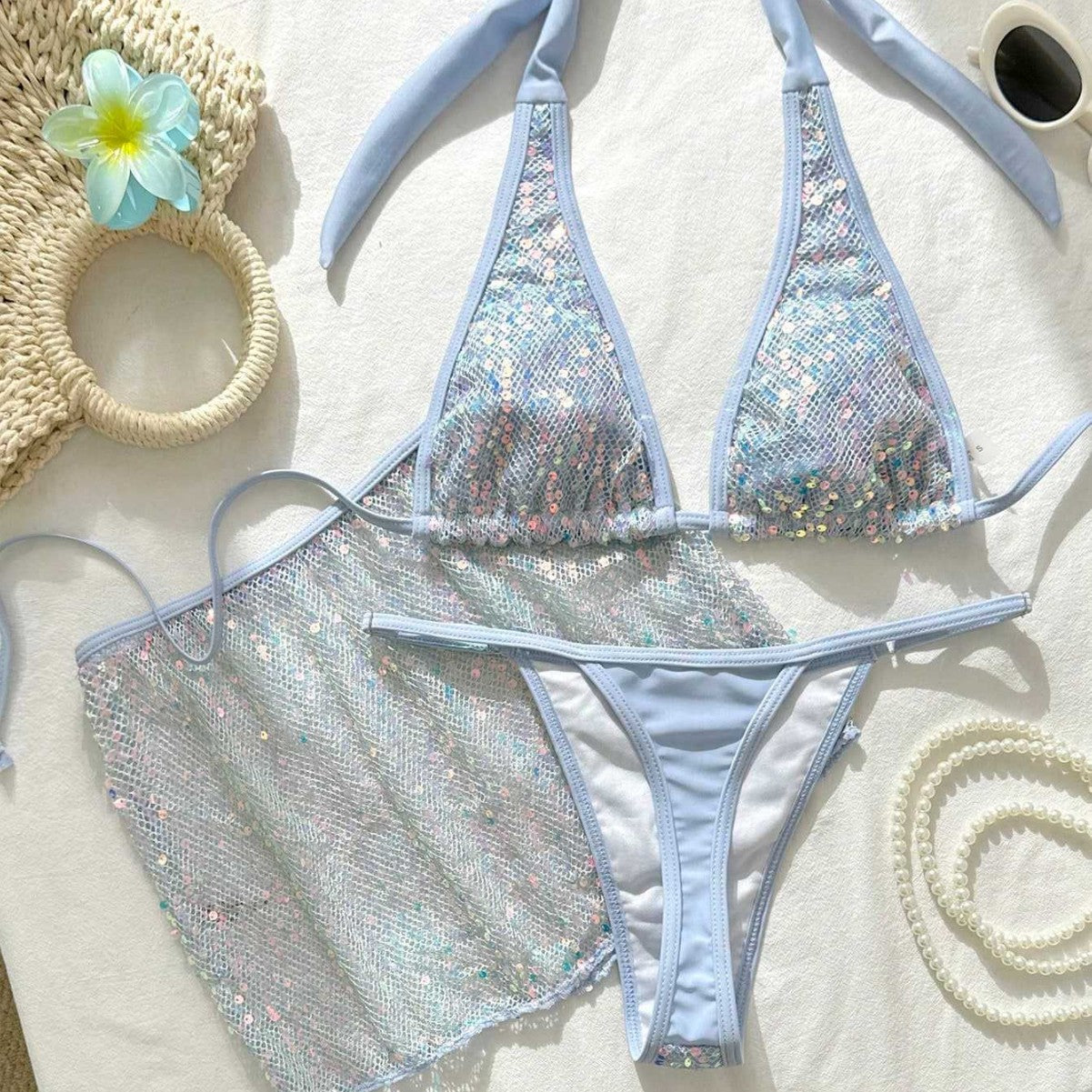 Sexy Bikini-Set mit Bändern & Pailletten | 3-teiliges Strandset