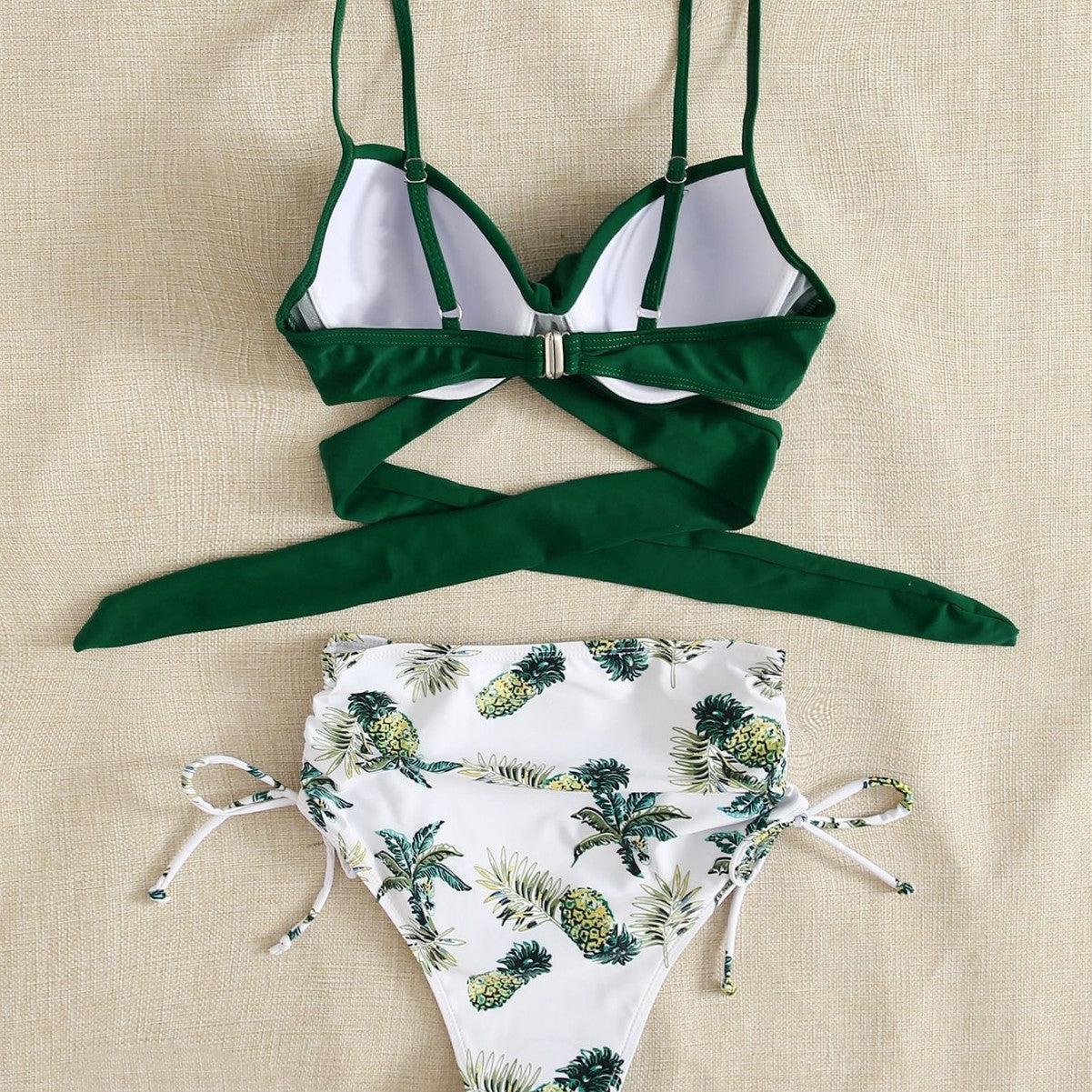 Grüner, transparenter Polyester-Bikini-Set mit Pflanzenprint