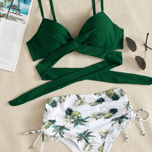 Grüner, transparenter Polyester-Bikini-Set mit Pflanzenprint