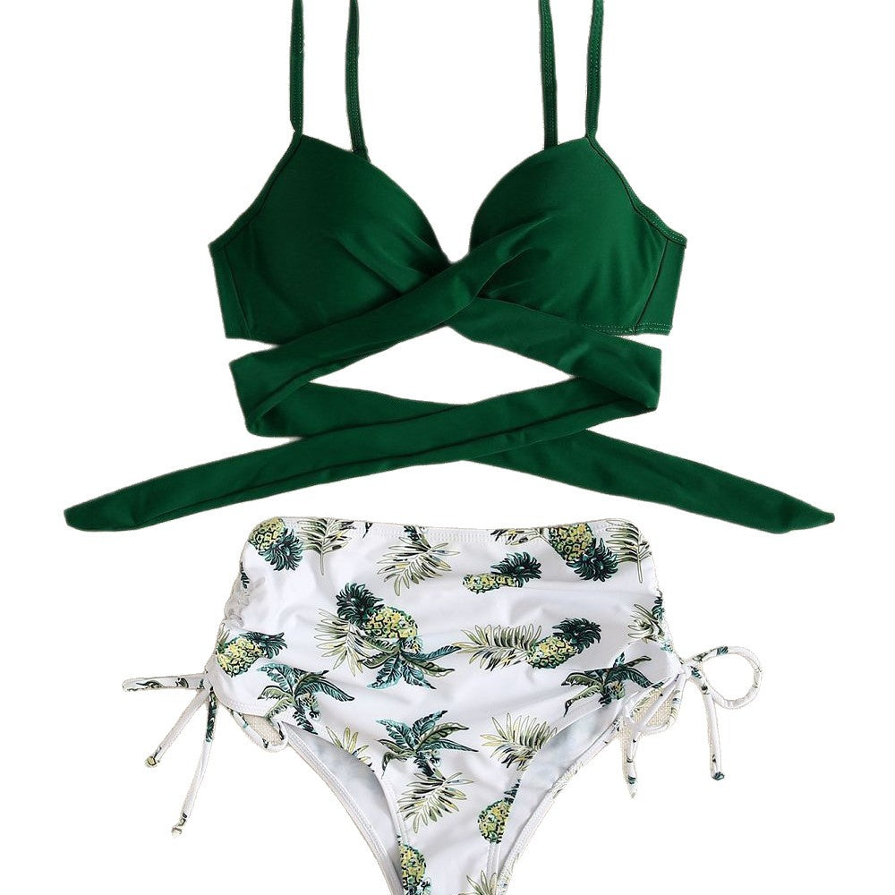 Grüner, transparenter Polyester-Bikini-Set mit Pflanzenprint