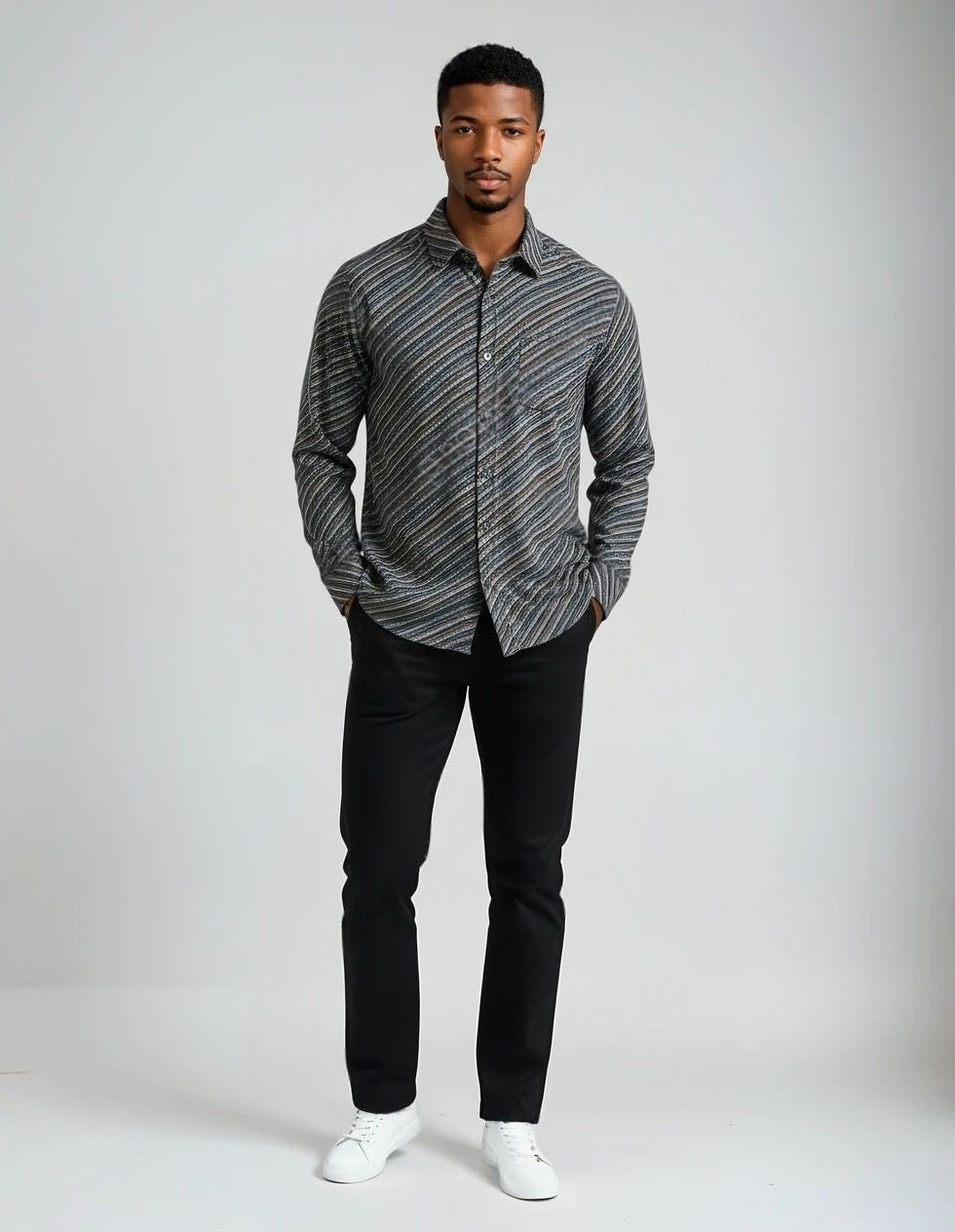 Herren-Langarmhemd – Diagonale Streifen | Grau/Blau/Braun
