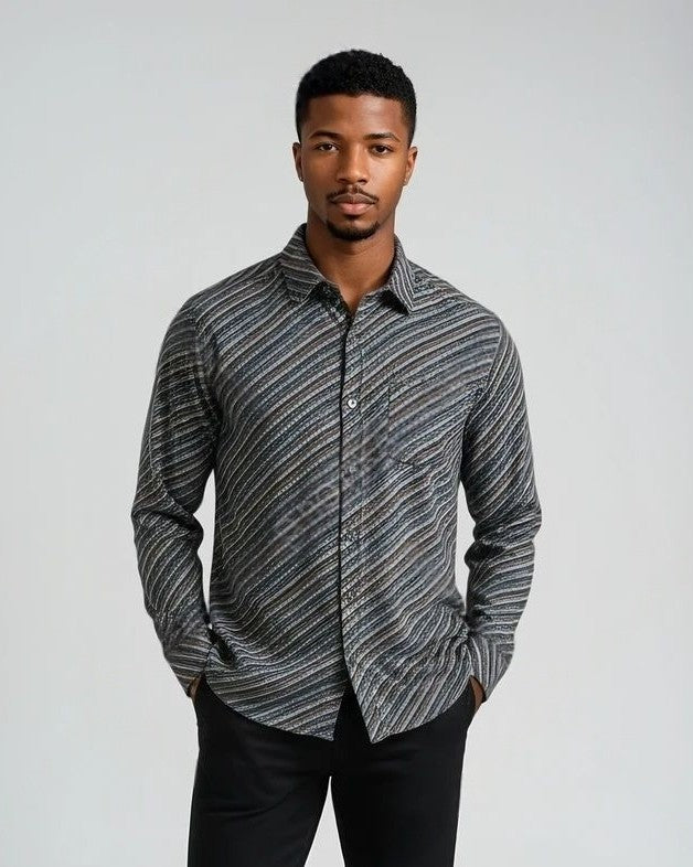 Herren-Langarmhemd – Diagonale Streifen | Grau/Blau/Braun