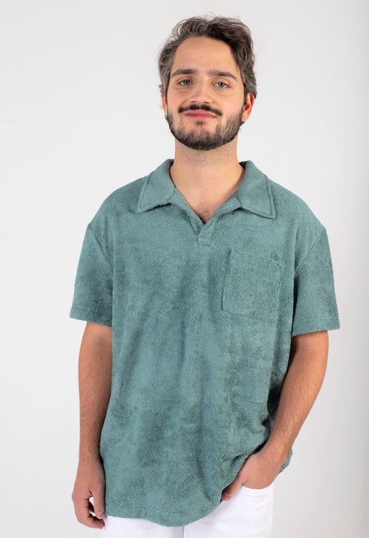 Herren-Polohemd Frottee – Retro-Kragen | Weicher Schlaufenstoff | Blau, Dunkelminze & Taupe | 46-56