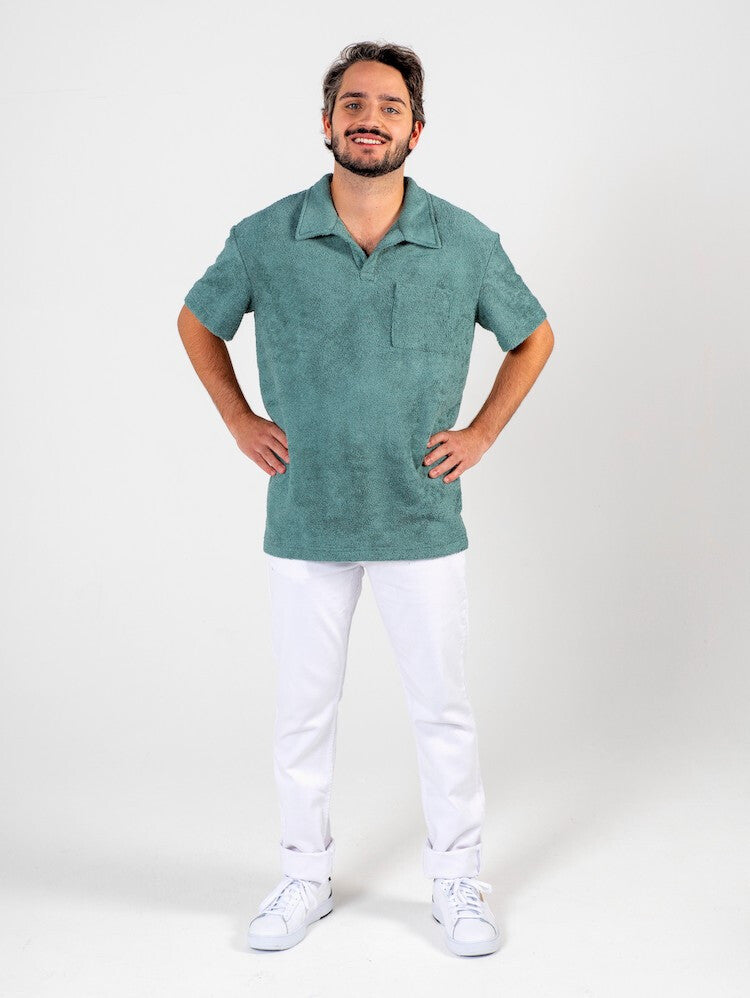 Herren-Polohemd Frottee – Retro-Kragen | Weicher Schlaufenstoff | Blau, Dunkelminze & Taupe | 46-56