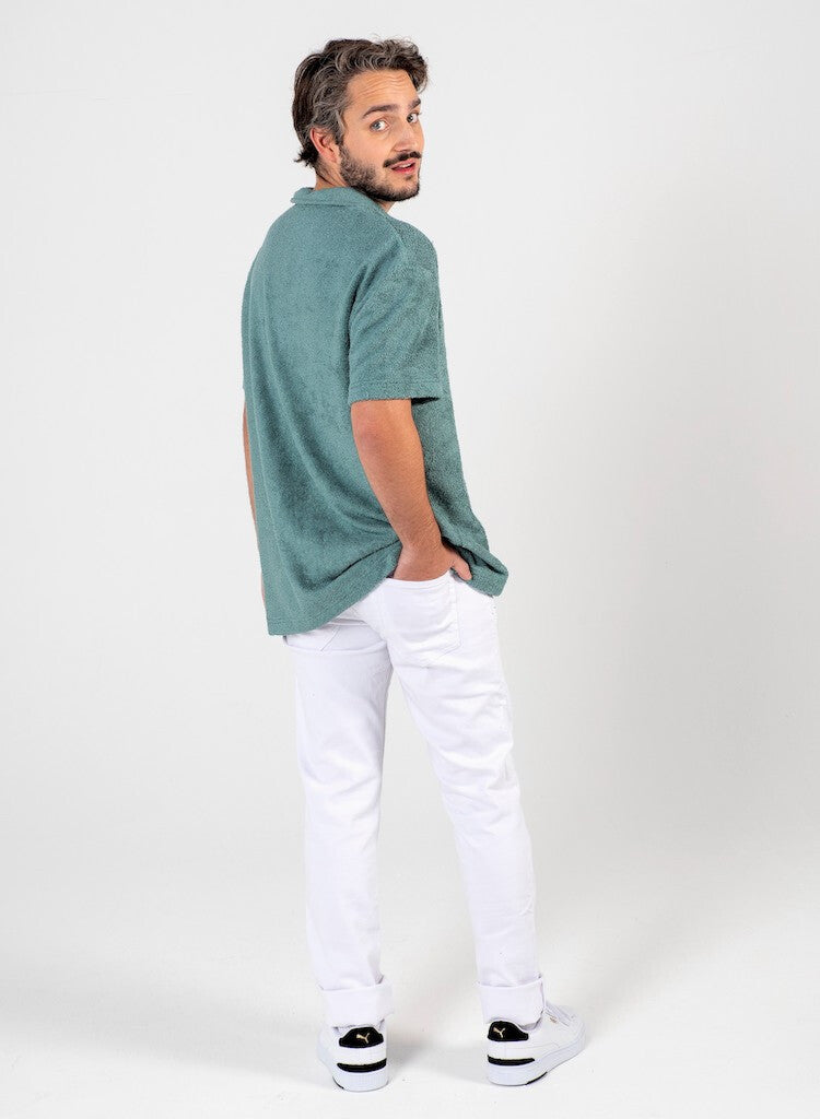 Herren-Polohemd Frottee – Retro-Kragen | Weicher Schlaufenstoff | Blau, Dunkelminze & Taupe | 46-56