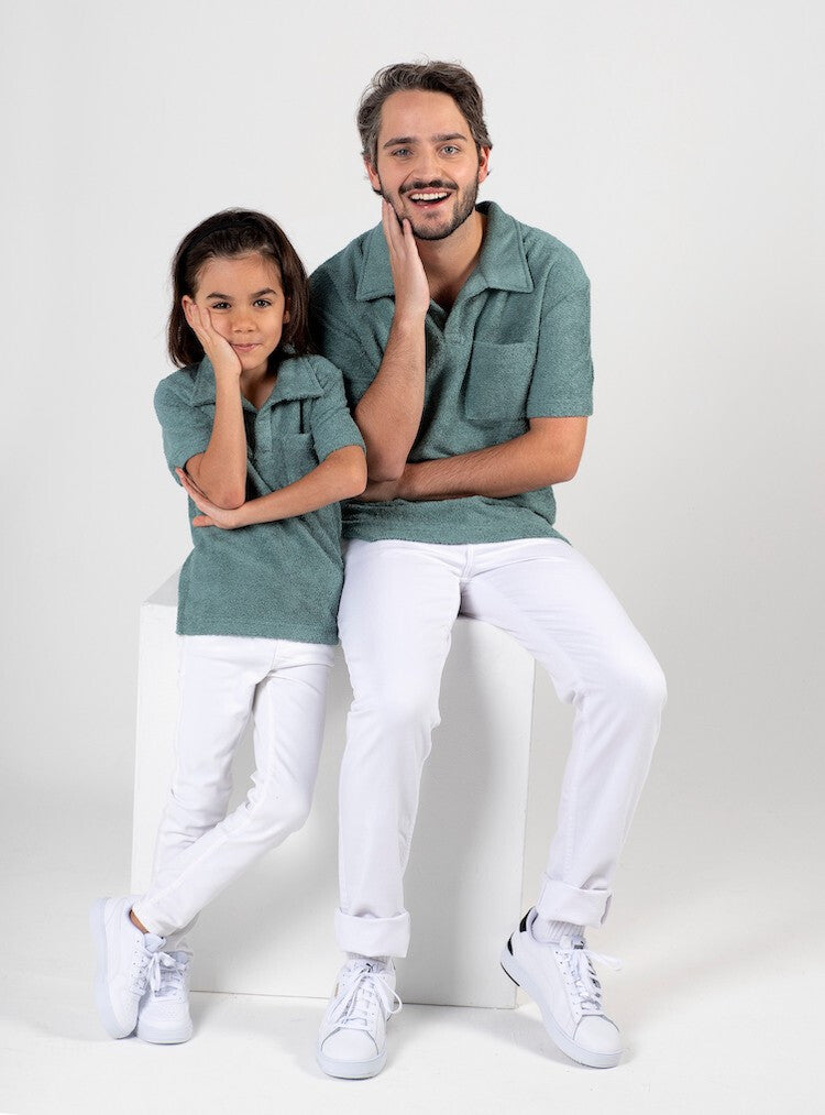 Herren-Polohemd Frottee – Retro-Kragen | Weicher Schlaufenstoff | Blau, Dunkelminze & Taupe | 46-56