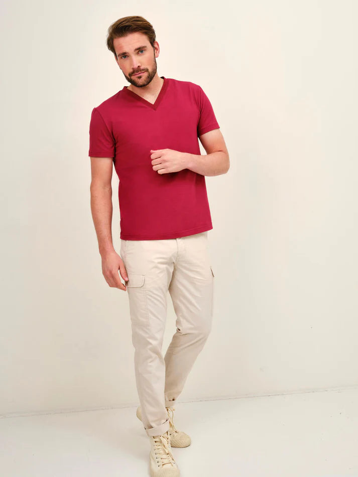 Herren T-Shirt V-Ausschnitt – 95% Baumwolle | Stretch-Jersey | Rot, Petrol & Camel | 46-58