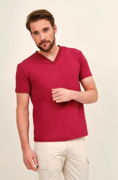 Herren T-Shirt V-Ausschnitt – 95% Baumwolle | Stretch-Jersey | Rot, Petrol & Camel | 46-58