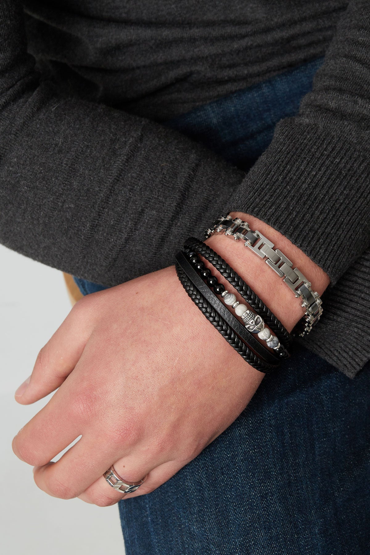 Dubbele Heren Armband – Gevlochten met Kralen & Doodskop Bedel | Roestvrij Staal | Zwart & Bruin