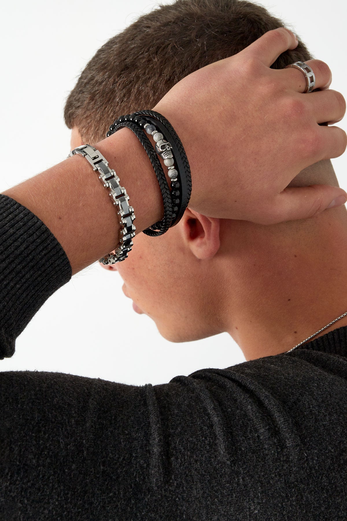 Dubbele Heren Armband – Gevlochten met Kralen & Doodskop Bedel | Roestvrij Staal | Zwart & Bruin